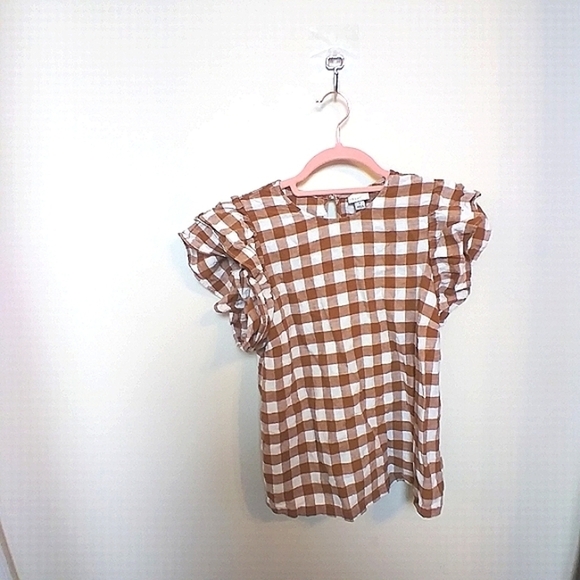 A New Day Neutral Plaid Linen Blend Short Ruffle Sleeve Blouse Size Medium - Picture 1 of 7